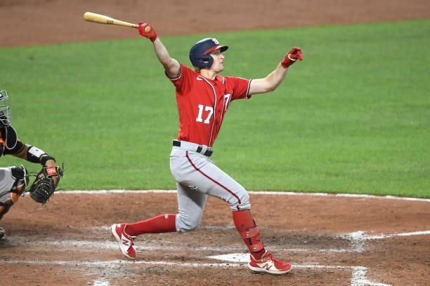 Andrew Stevenson of the Washington Nationals takes a swing during a baseball game against the Baltimore Orioles at Oriole Park at Camden Yards on...