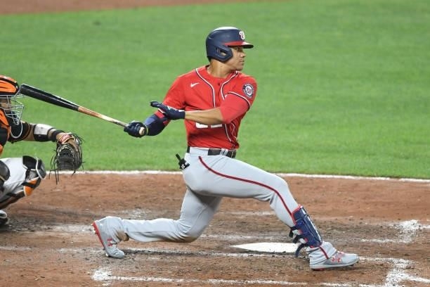 Juan Soto of the Washington Nationals takes a swing during a baseball game against the Baltimore Orioles at Oriole Park at Camden Yards on July 23,...