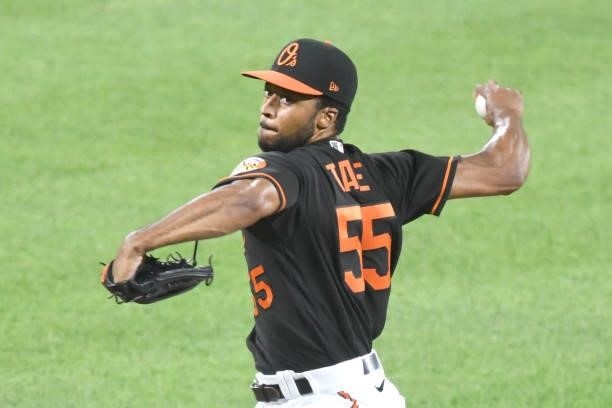 Dillon Tate of the Baltimore Orioles pitches during a baseball game against the Washington Nationals at Oriole Park at Camden Yards on July 23, 2021...