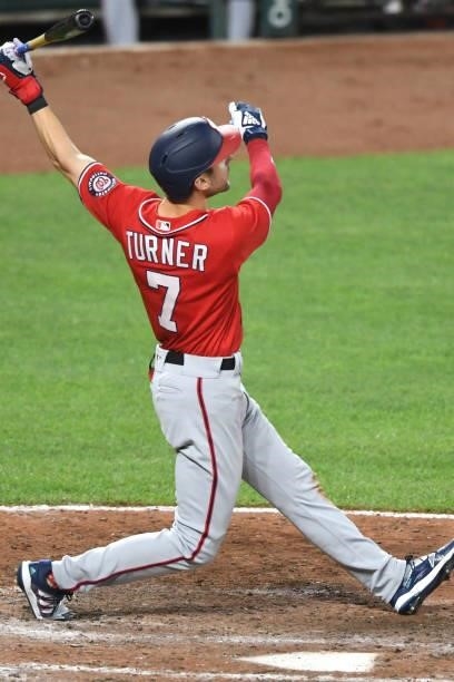 Trea Turner of the Washington Nationals takes a swing during a baseball game against the Baltimore Orioles at Oriole Park at Camden Yards on July 23,...