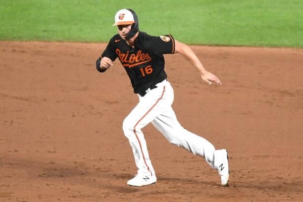 Trey Mancini of the Baltimore Orioles runs to third base during a baseball game against the Washington Nationals at Oriole Park at Camden Yards on...