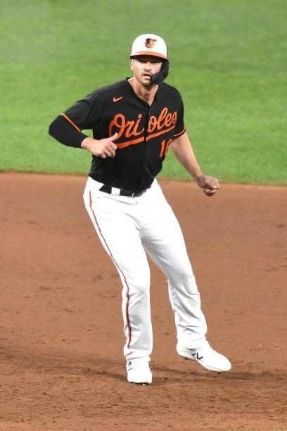 Trey Mancini of the Baltimore Orioles leads off second base during a baseball game against the Washington Nationals at Oriole Park at Camden Yards on...