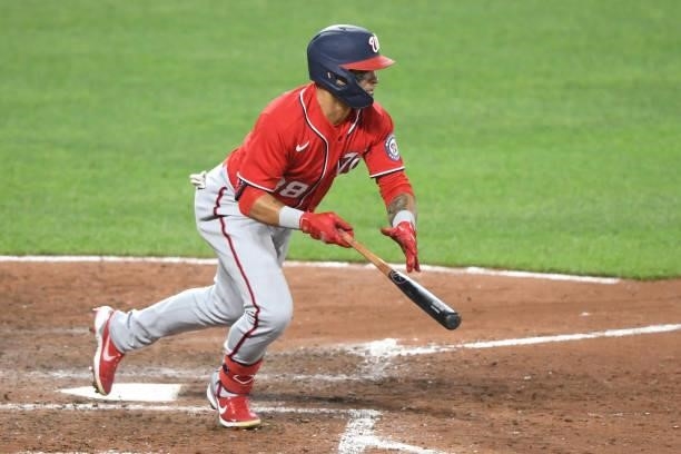 Gerardo Parra of the Washington Nationals takes a swing during a baseball game against the Baltimore Orioles at Oriole Park at Camden Yards on July...