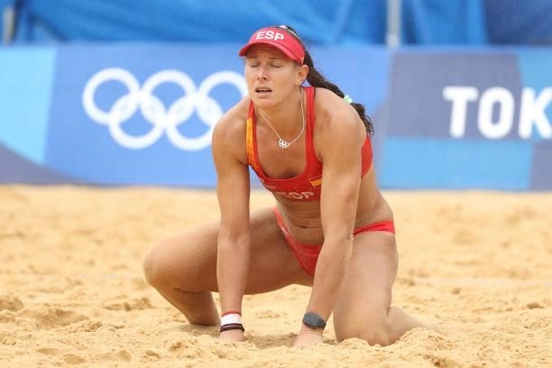 Liliana Fernandez Steiner of Team Spain reacts after losing to Team United States during the Women's Preliminary - Pool B beach volleyball on day...