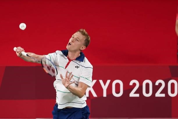 Raul Must of Team Estonia competes against Pablo Abian of Team Spain during a Men's Singles Group N match on day four of the Tokyo 2020 Olympic Games...