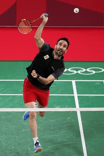 Pablo Abian of Team Spain competes against Raul Must of Team Estonia during a Men's Singles Group N match on day four of the Tokyo 2020 Olympic Games...