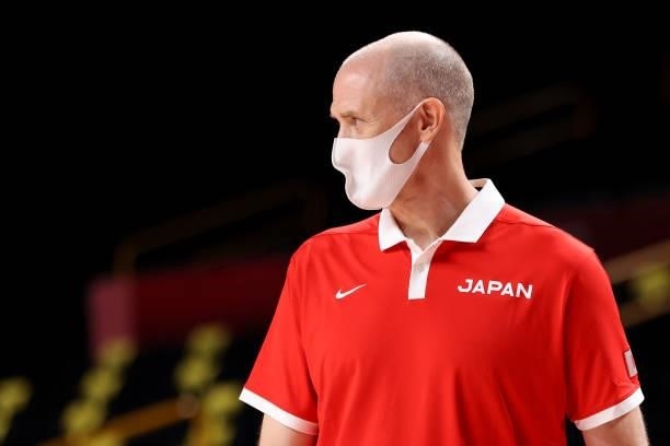 Head coach Tom Hovasse of Team Japan looks on against France during the first half of a Women's Preliminary Round Group B game on day four of the...