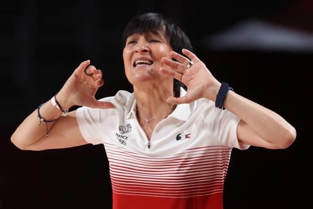 Head coach Valerie Garnier of Team France reacts against Japan during the first half of a Women's Preliminary Round Group B game on day four of the...