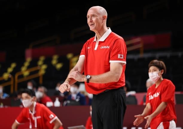 Head coach Tom Hovasse of Team Japan reacts against France during the first half of a Women's Preliminary Round Group B game on day four of the Tokyo...