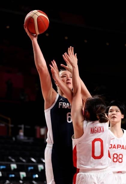 Alexia Chartereau of Team France shoots against Moeko Nagaoka of Team Japan during a Women's Preliminary Round Group B game on day four of the Tokyo...