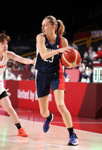 Marine Johannes of Team France drives to the basket against Japan during a Women's Preliminary Round Group B game on day four of the Tokyo 2020...