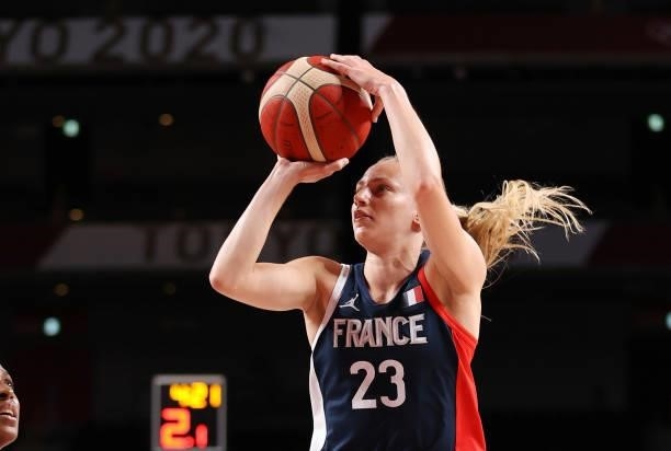 Marine Johannes of Team France shoots against Japan during a Women's Preliminary Round Group B game on day four of the Tokyo 2020 Olympic Games at...
