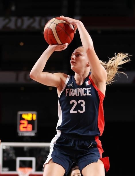 Marine Johannes of Team France shoots against Japan during a Women's Preliminary Round Group B game on day four of the Tokyo 2020 Olympic Games at...