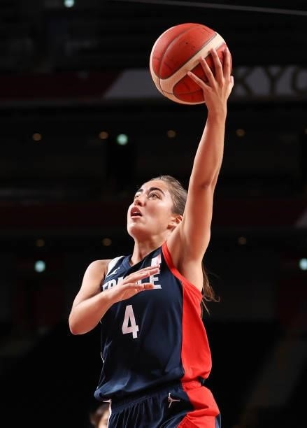 Marine Fauthoux of Team France shoots against Japan during a Women's Preliminary Round Group B game on day four of the Tokyo 2020 Olympic Games at...
