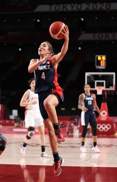 Marine Fauthoux of Team France goes up for a shot against Japan during a Women's Preliminary Round Group B game on day four of the Tokyo 2020 Olympic...