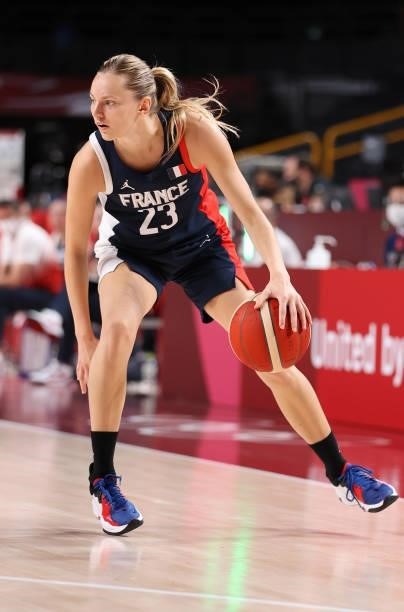 Marine Johannes of Team France looks to set up a play against Japan during a Women's Preliminary Round Group B game on day four of the Tokyo 2020...
