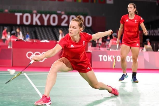 Chloe Birch and Lauren Smith of Team Great Britain compete against Chow Mei Kuan and Lee Meng Yean of Team Malaysia during a Women's Doubles Group A...