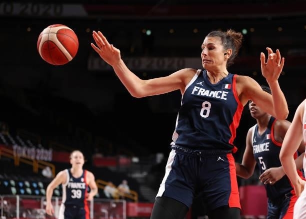Helena Ciak of Team France looses the ball against Japan during a Women's Preliminary Round Group B game on day four of the Tokyo 2020 Olympic Games...