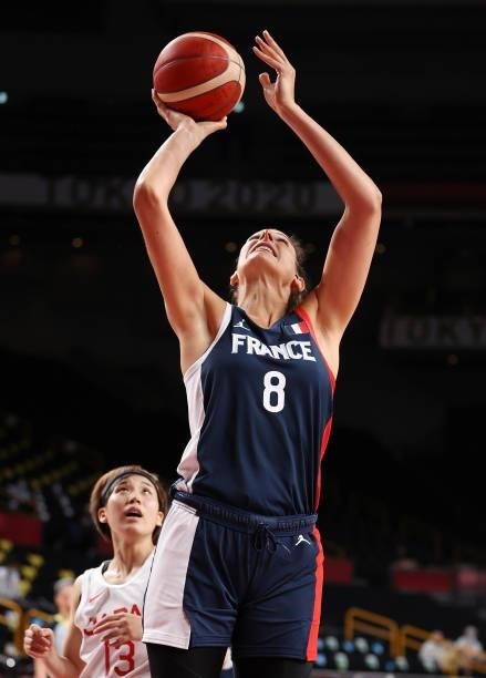 Helena Ciak of Team France shoots the ball against Japan during a Women's Preliminary Round Group B game on day four of the Tokyo 2020 Olympic Games...