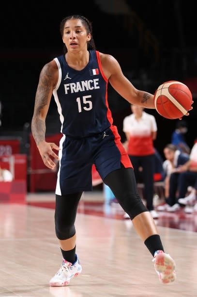 Gabrielle Williams of Team France sets up a play against Japan during a Women's Preliminary Round Group B game on day four of the Tokyo 2020 Olympic...