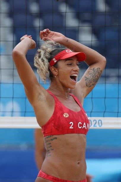 Brandie Wilkerson of Team Canada celebrates against Team Argentina during the Women's Preliminary - Pool C beach volleyball on day four of the Tokyo...