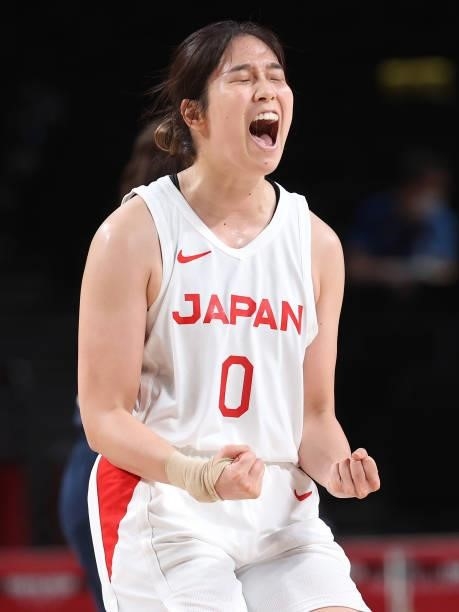 Moeko Nagaoka of Team Japan celebrates against France during a Women's Preliminary Round Group B game on day four of the Tokyo 2020 Olympic Games at...