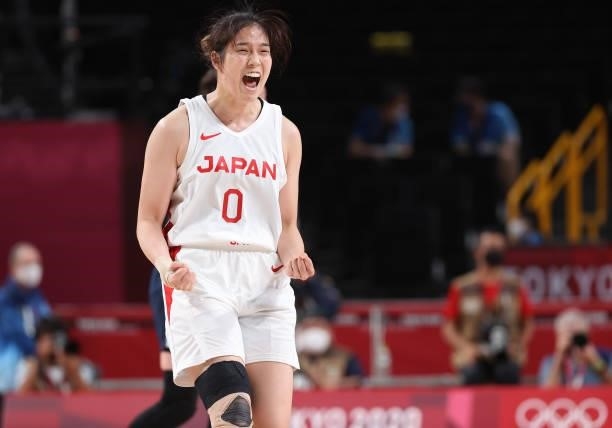 Moeko Nagaoka of Team Japan celebrates against France during a Women's Preliminary Round Group B game on day four of the Tokyo 2020 Olympic Games at...