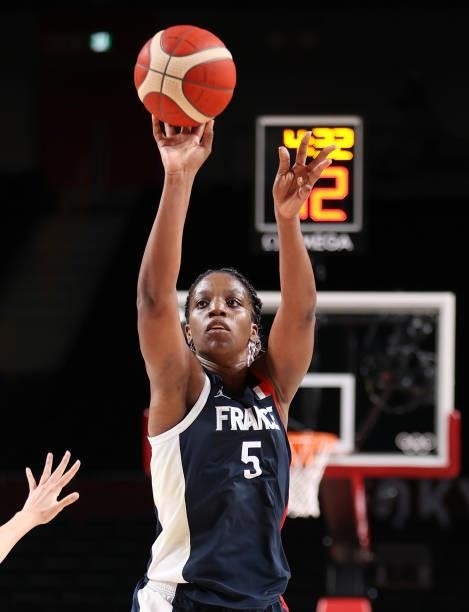 Endene Miyem of Team France shoots against Japan during a Women's Preliminary Round Group B game on day four of the Tokyo 2020 Olympic Games at...
