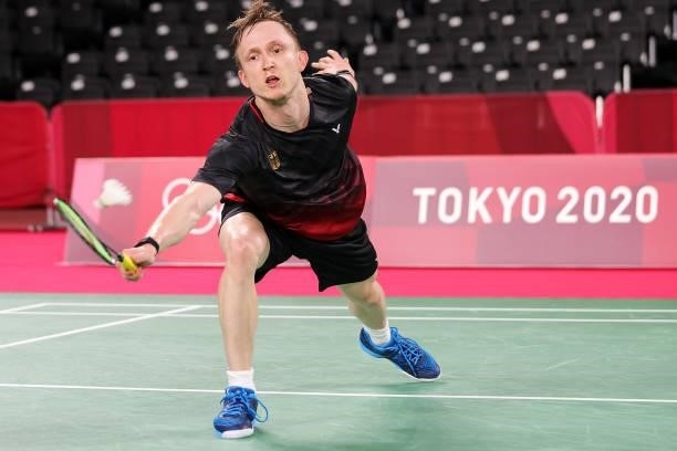 Kai Schaefer of Team Germany competes against Toby Penty of Team Great Britain during a Men's Singles Group K match on day four of the Tokyo 2020...