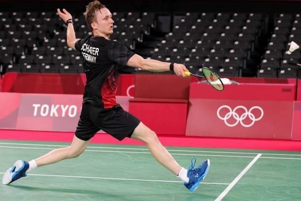 Kai Schaefer of Team Germany competes against Toby Penty of Team Great Britain during a Men's Singles Group K match on day four of the Tokyo 2020...