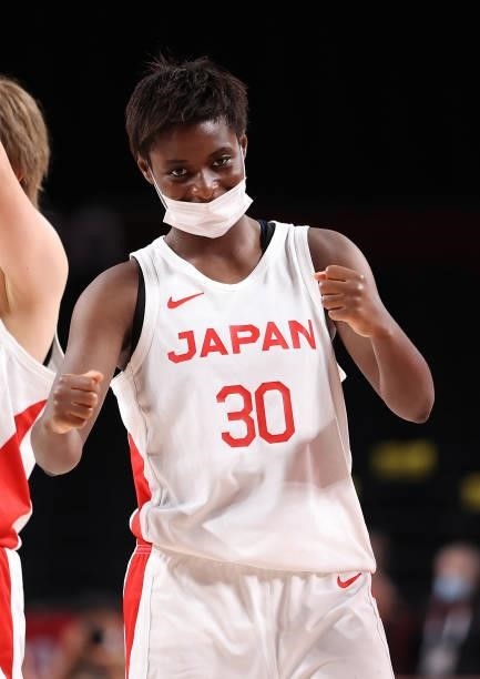 Evelyn Mawuli of Team Japan celebrates a win against France during a Women's Preliminary Round Group B game on day four of the Tokyo 2020 Olympic...