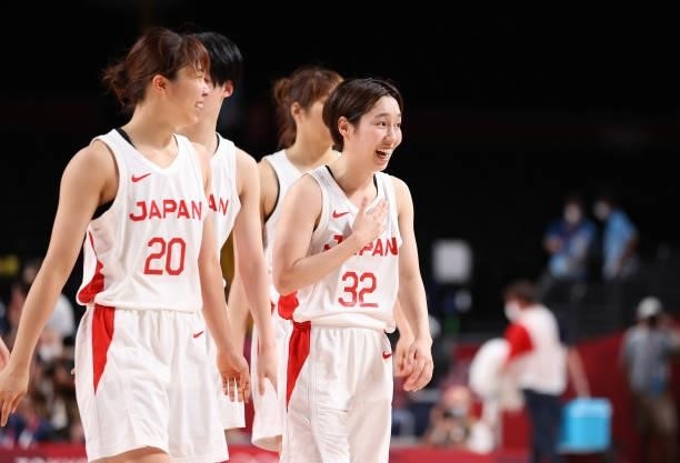 Saori Miyazaki of Team Japan celebrates a win against France during a Women's Preliminary Round Group B game on day four of the Tokyo 2020 Olympic...