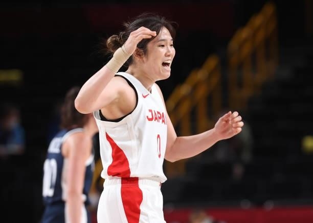 Moeko Nagaoka of Team Japan celebrates a win against France during a Women's Preliminary Round Group B game on day four of the Tokyo 2020 Olympic...