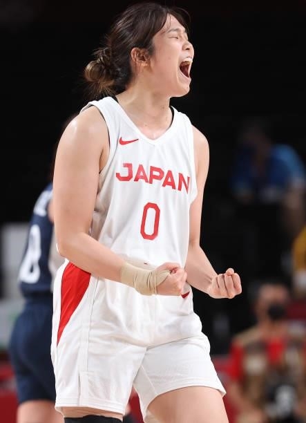 Moeko Nagaoka of Team Japan celebrates a win against France during a Women's Preliminary Round Group B game on day four of the Tokyo 2020 Olympic...