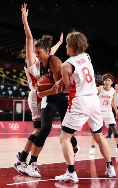 Maki Takada of Team Japan pressures Helena Ciak of Team France during a Women's Preliminary Round Group B game on day four of the Tokyo 2020 Olympic...