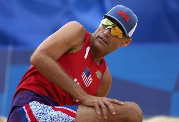 Philip Dalhausser of Team United States looks on against Team Brazil during the Men's Preliminary - Pool D beach volleyball on day four of the Tokyo...