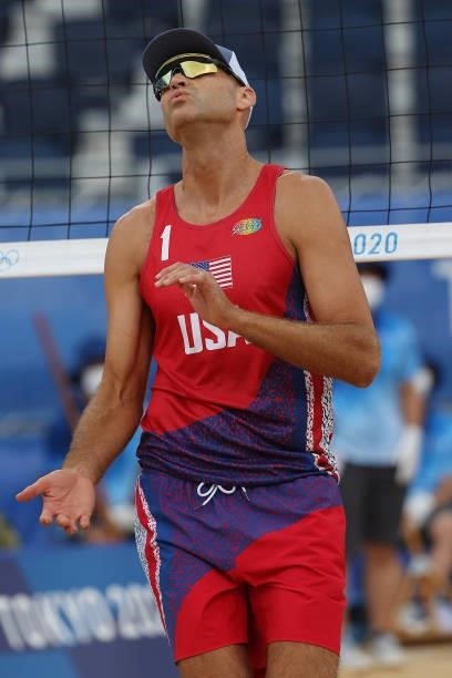 Philip Dalhausser of Team United States reacts against Team Brazil during the Men's Preliminary - Pool D beach volleyball on day four of the Tokyo...