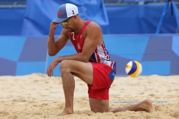 Nicholas Lucena of Team United States reacts against Team Brazil during the Men's Preliminary - Pool D beach volleyball on day four of the Tokyo 2020...