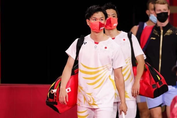 Hiroyuki Endo and Yuta Watanabe of Team Japan step into the court prior to their match against Kim Astrup and Anders Skaarup Rasmussen of Team...