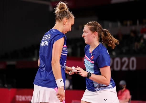 Maiken Fruergaard and Sara Thygesen of Team Denmark react as they compete against Setyana Mapasa and Gronya Somerville of Team Australia during a...