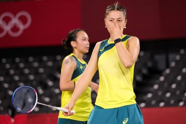 Setyana Mapasa and Gronya Somerville of Team Australia react as they compete against Maiken Fruergaard and Sara Thygesen of Team Denmark during a...