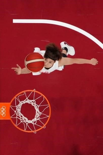 Rui Machida of Team Japan goes up for a shot against France during a Women's Preliminary Round Group B game on day four of the Tokyo 2020 Olympic...