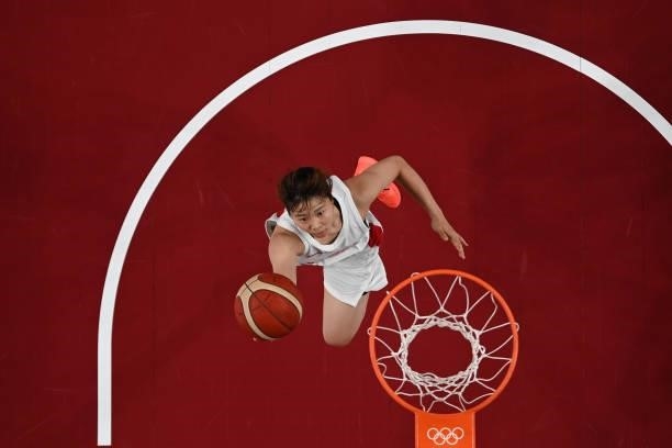Nanako Todo of Team Japan goes up for a shot against France during a Women's Preliminary Round Group B game on day four of the Tokyo 2020 Olympic...