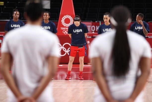 Members of United States of America look on before a game against Nigeria during a Women's Preliminary Round Group B game on day four of the Tokyo...