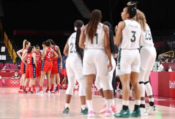 Members of United States of America huddle before a game against Nigeria during a Women's Preliminary Round Group B game on day four of the Tokyo...