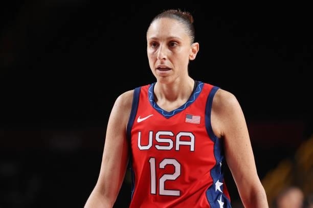 Diana Taurasi of Team United States looks on against Nigeria during a Women's Preliminary Round Group B game on day four of the Tokyo 2020 Olympic...