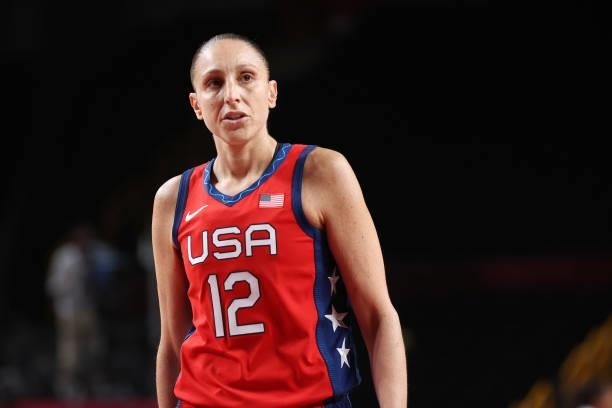 Diana Taurasi of Team United States looks on against Nigeria during a Women's Preliminary Round Group B game on day four of the Tokyo 2020 Olympic...