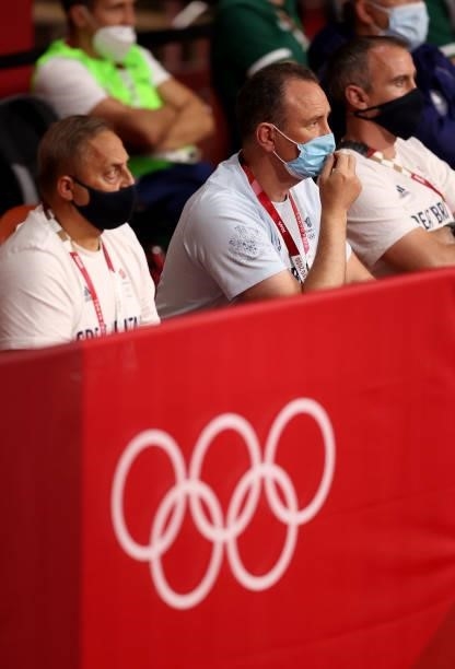 Robert McCracken , head coach of Great Britain boxing team watches the Women's Light on day four of the Tokyo 2020 Olympic Games at Kokugikan Arena...