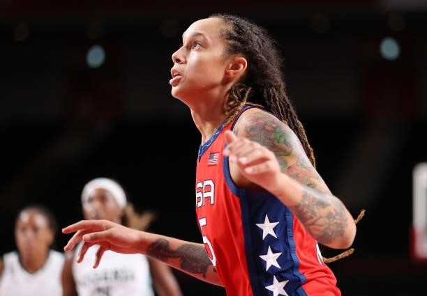 Brittney Griner of Team United States looks on against Nigeria during a Women's Preliminary Round Group B game on day four of the Tokyo 2020 Olympic...