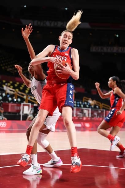 Breanna Stewart of Team United States pulls down a rebound against Nigeria during a Women's Preliminary Round Group B game on day four of the Tokyo...